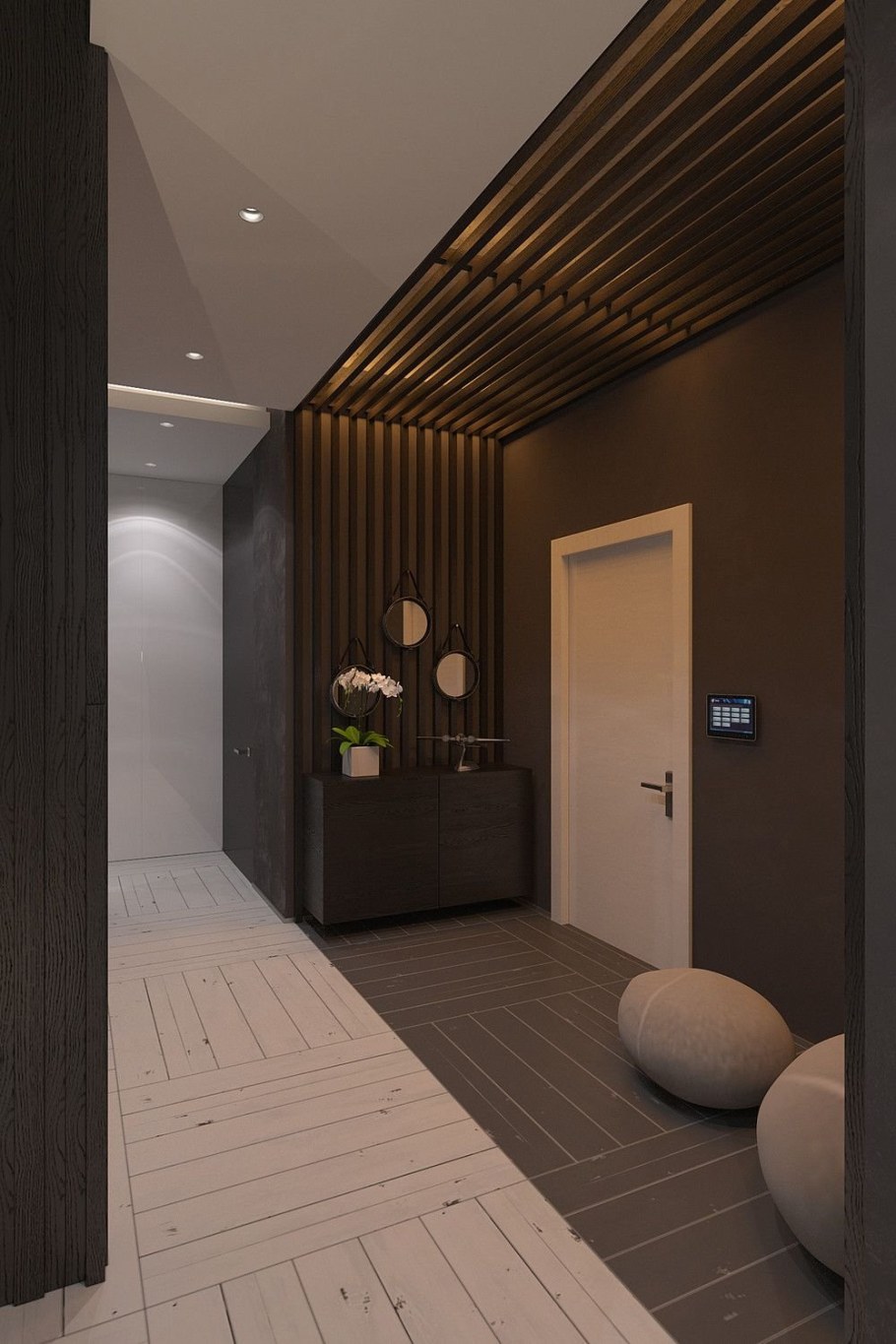 Прихожая с деревянными рейками