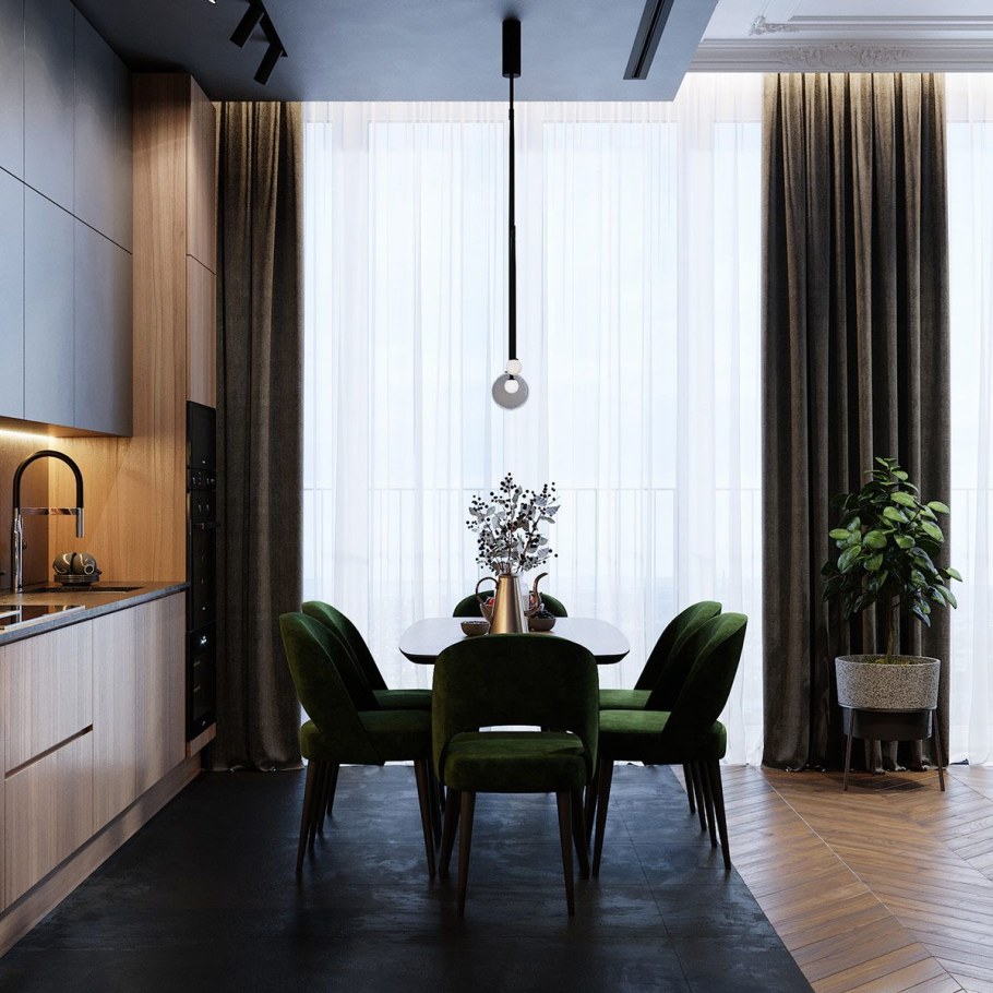 Кухня гостиная с изумрудными шторами