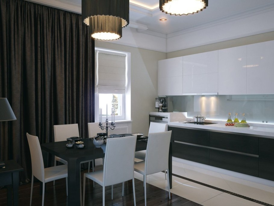 Черные шторы в интерьере кухни