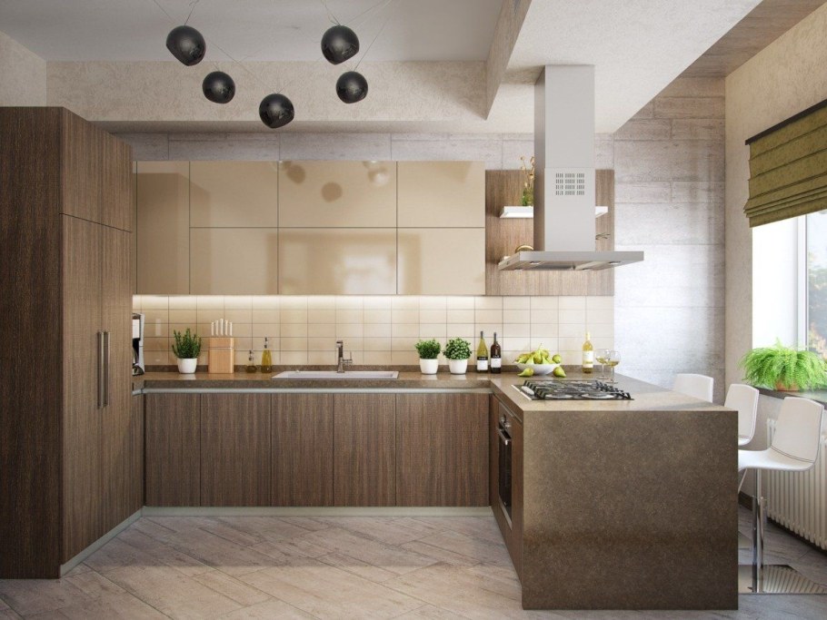 Кухня в бежево коричневом цвете под дерево