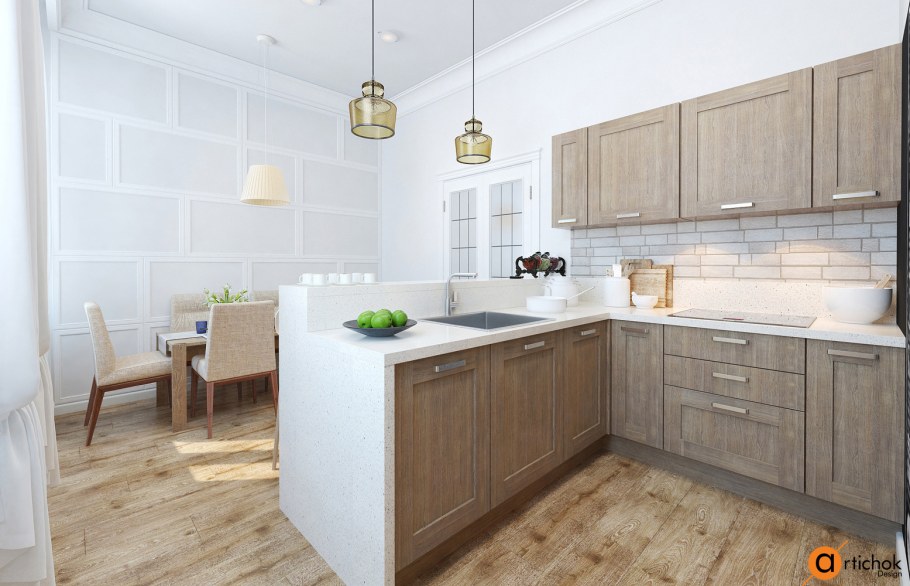 Светлая кухня с деревянной столешницей