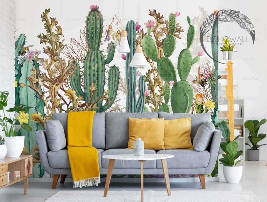 Обои кактусы в интерьере