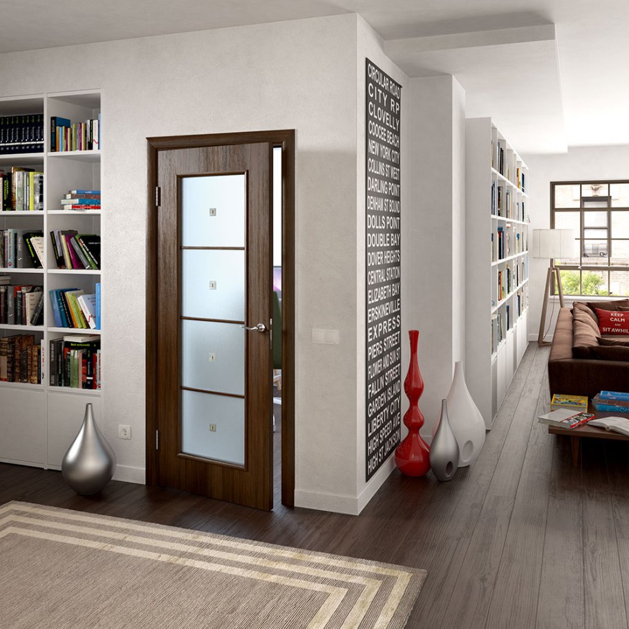 Дверь экошпон (Тип Тоскана-1, 70, ОСТ, эмалит белый, стекло черное)