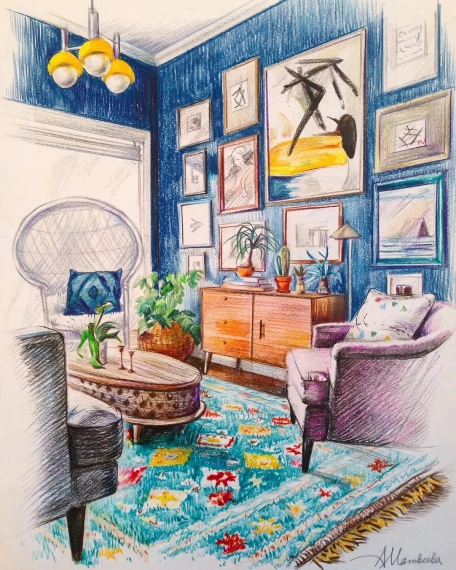 Интерьер цветными карандашами