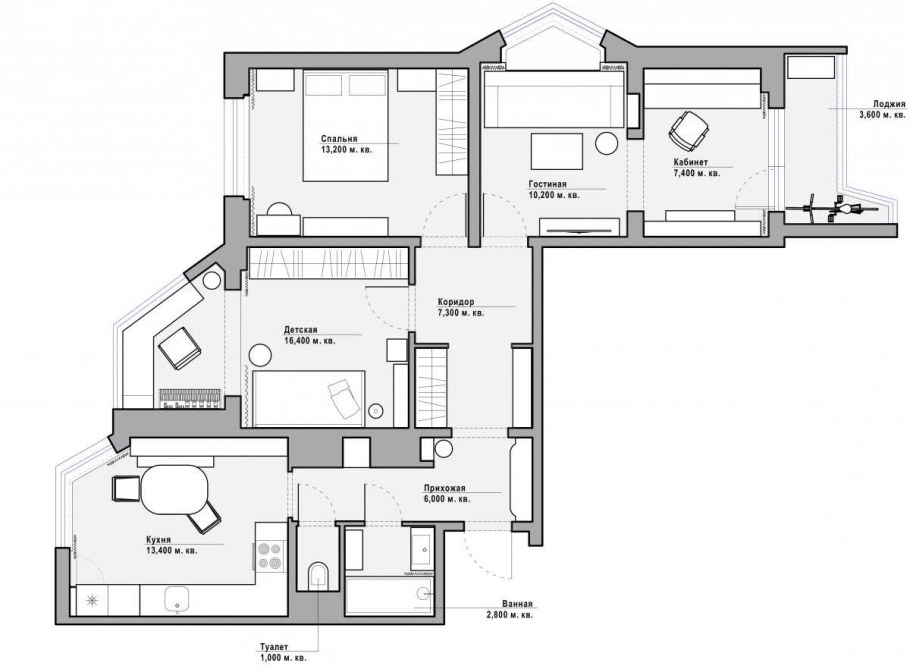 Планировка п-44т трехкомнатная