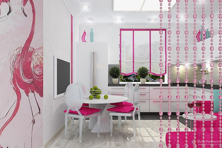 Розовые обои на кухне