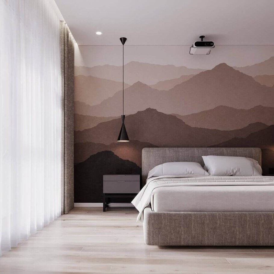 Фреска горы в интерьере спальни