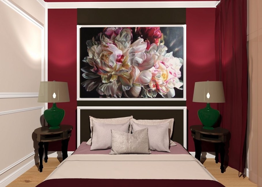 Картины пионы в интерьере спальни