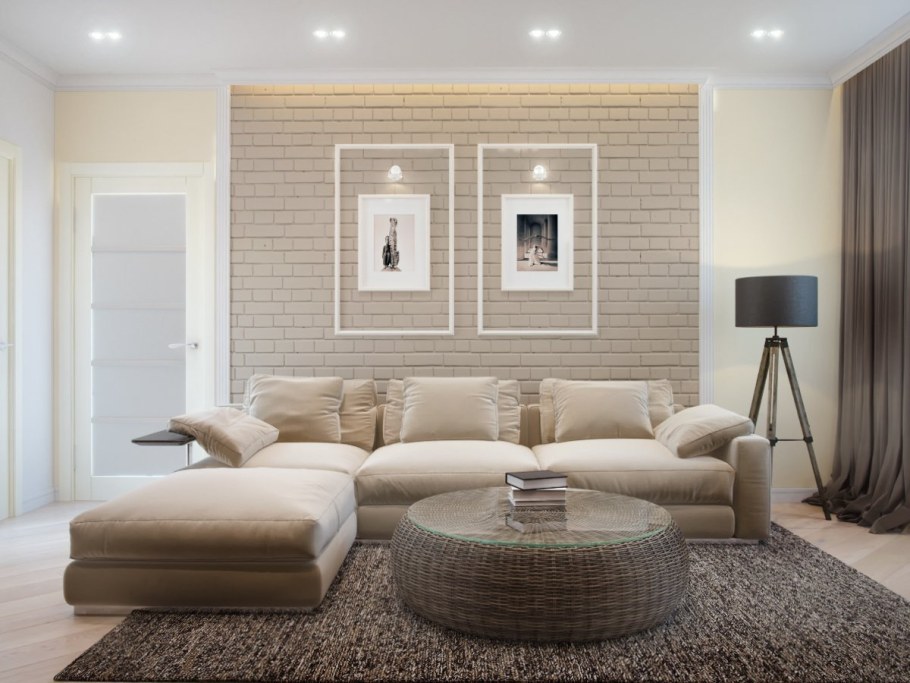 Кирпич в интерьере гостиной