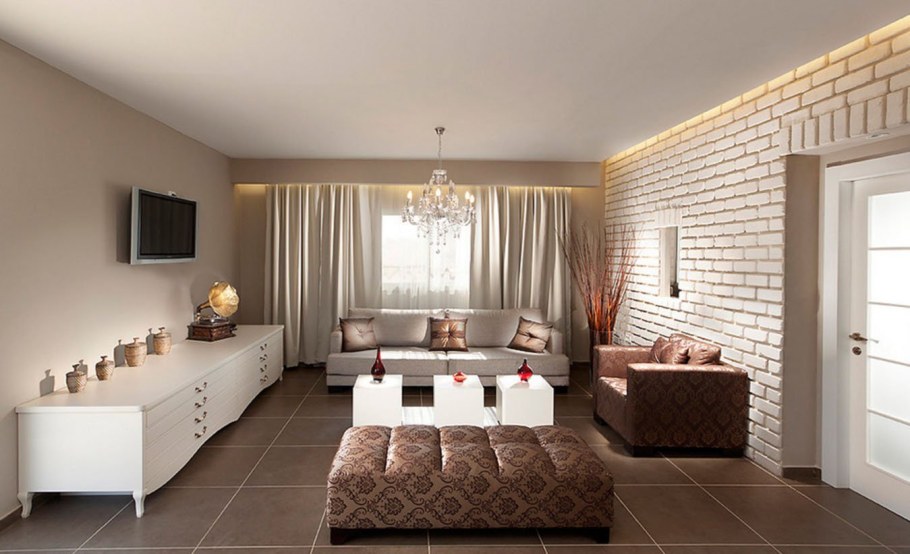 Гостиная с кирпичной кладкой