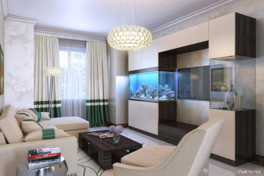 Гостиная в современном стиле с аквариумом