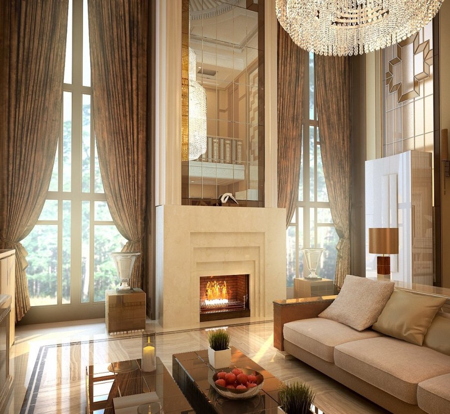 Камин в гостиной со вторым светом