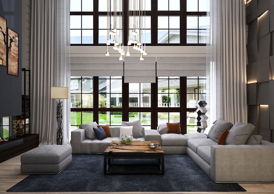 Гостиная с панорамными окнами в частном доме