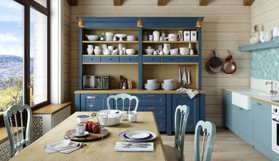 Кухня в стиле Кантри с открытыми полками