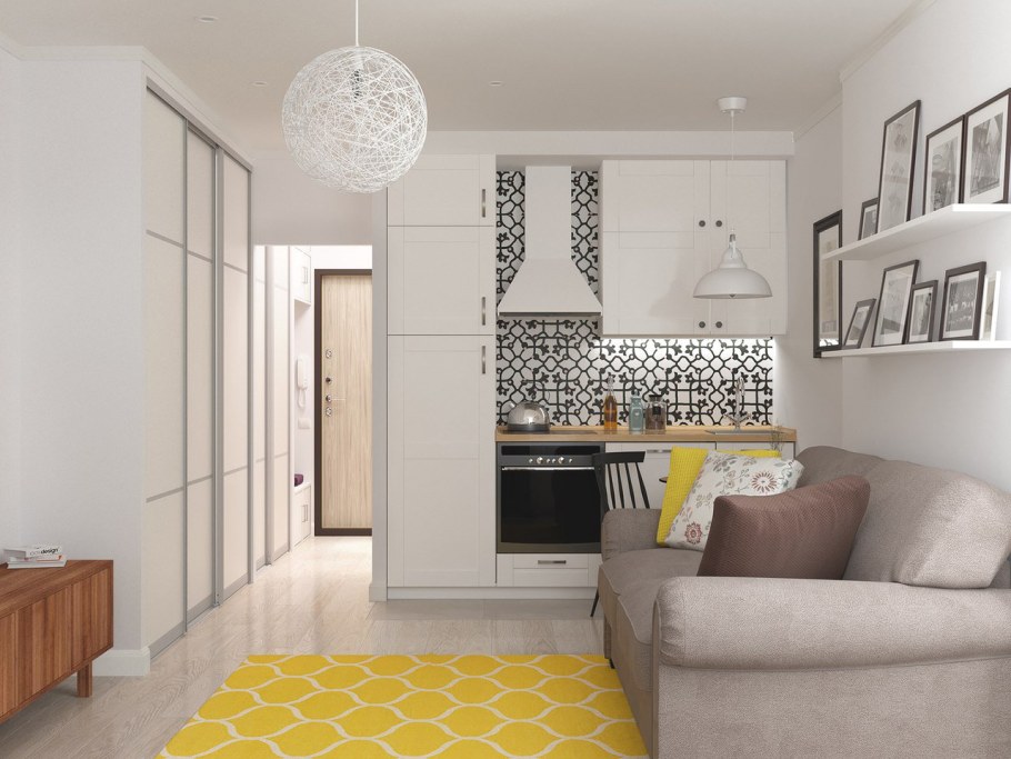 Зонирование кухни в студии 28 кв.м