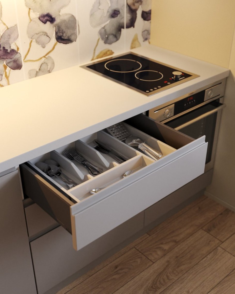 Модные кухни фартук задвигается стеклами