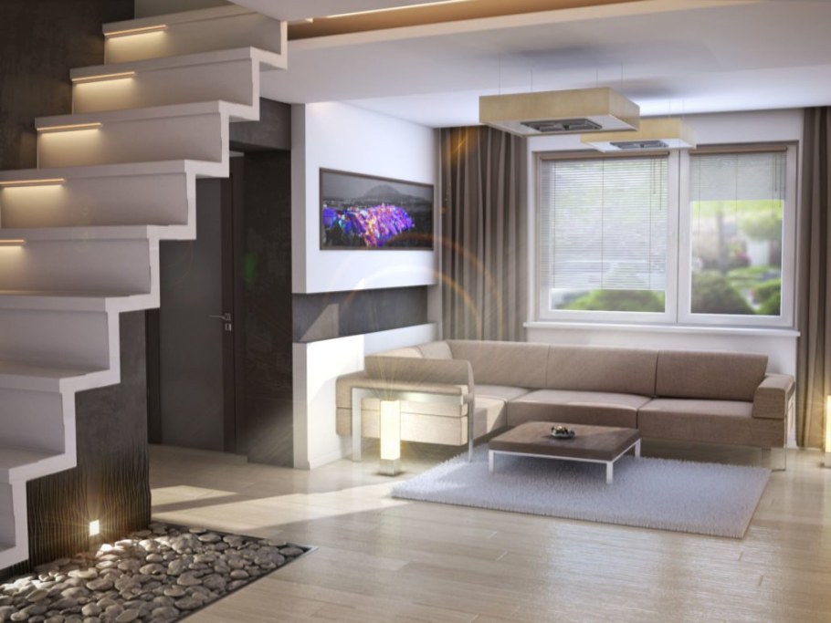 Интерьеры гостиных с лестницами