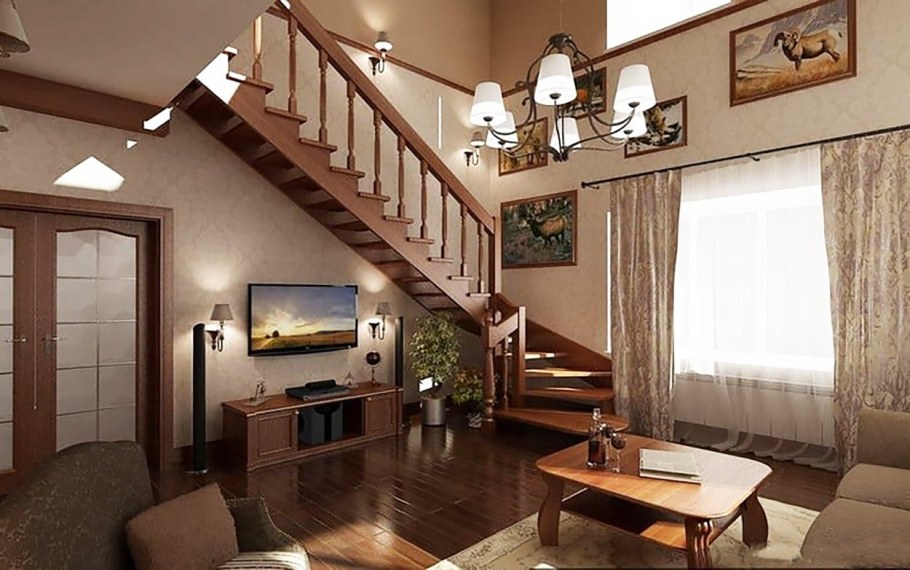 Кухня гостиная с лестницей на второй этаж