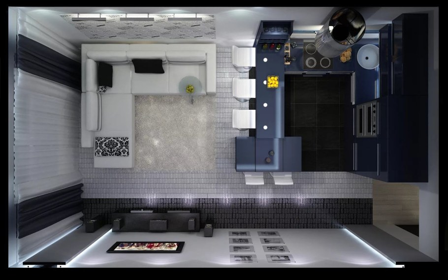 Квадратная кухня с гостинной 15кв.м планировка