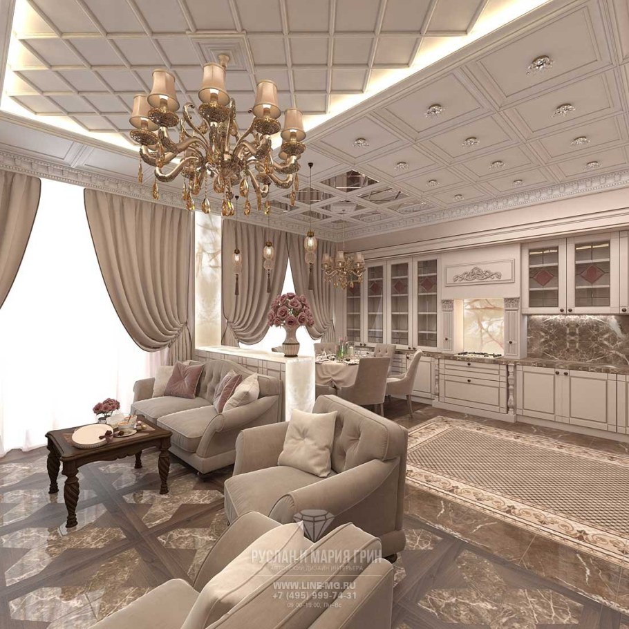 Стиль классика в интерьере кухни гостиной