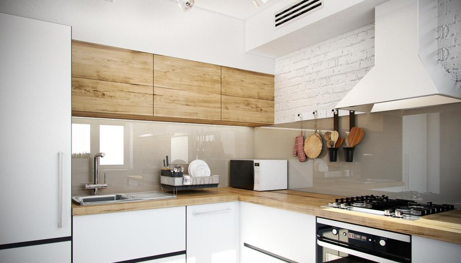 Кухня белая с деревом