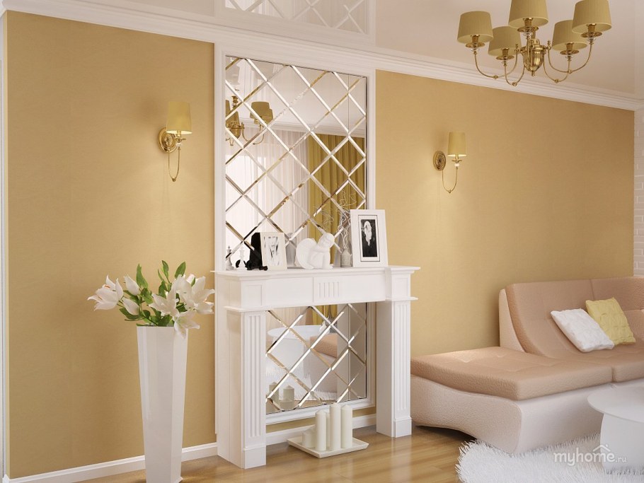 Зеркальное панно в интерьере гостиной