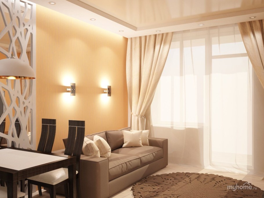 Кухня гостиная в бежево кофейных тонах