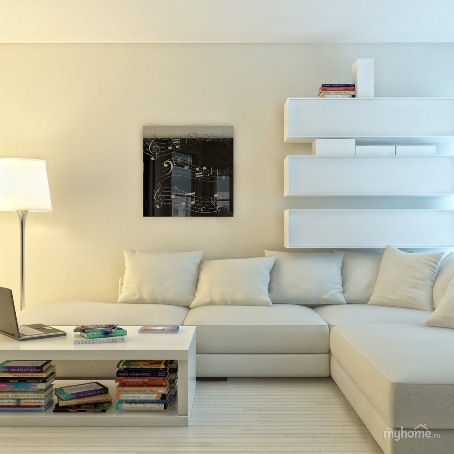 Полки над диваном в интерьере