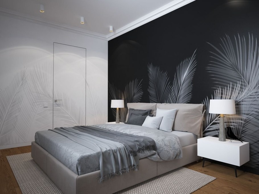 Фотообои перья в интерьере спальни