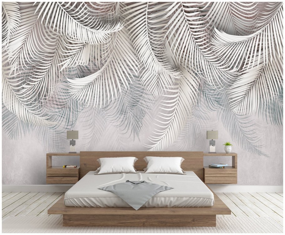 Фотообои пальмовые листья в интерьере спальни
