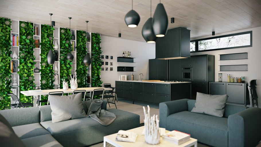 Экостиль в гостиной с фитостеной