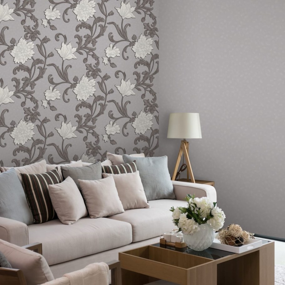 Серые обои в интерьере гостиной