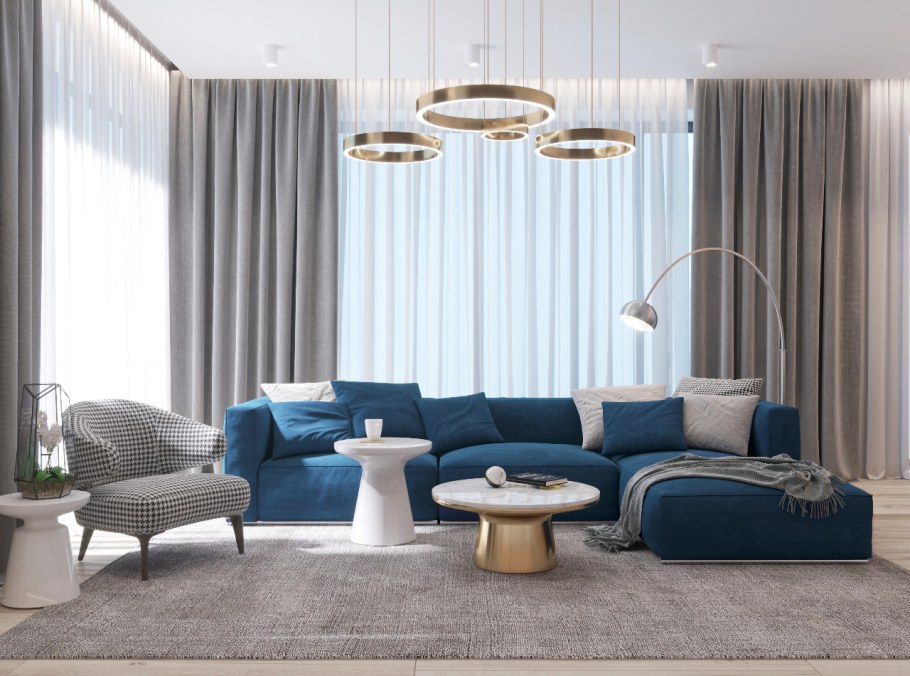 Гостиная с синим диваном