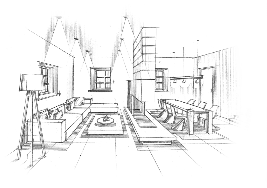 Перспектива интерьера комнаты черчение
