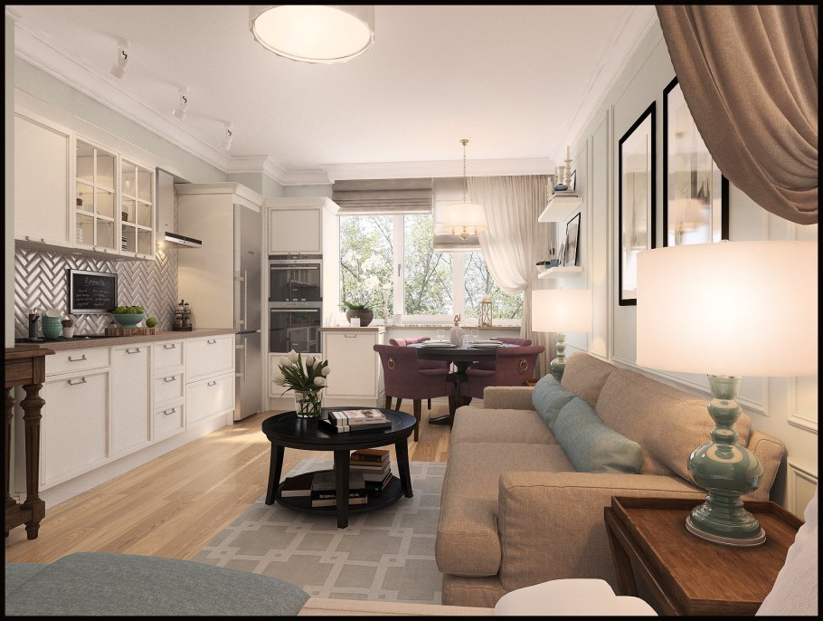 Проходная кухня гостиная