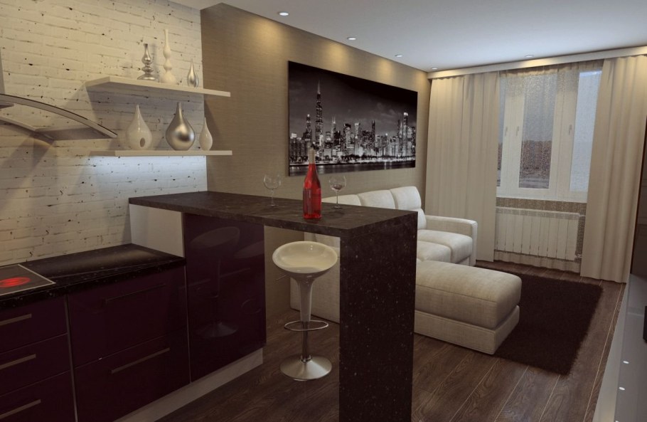 Кухня гостиная с барной стойкой