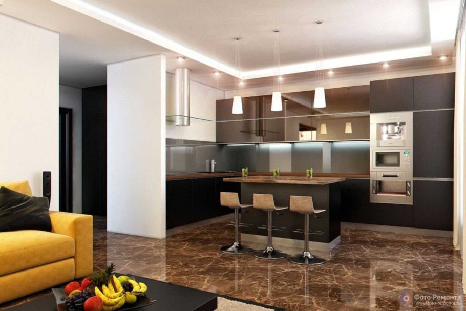 Кухня гостиная с барной стойкой
