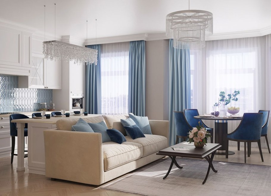 Гостиная с голубыми шторами