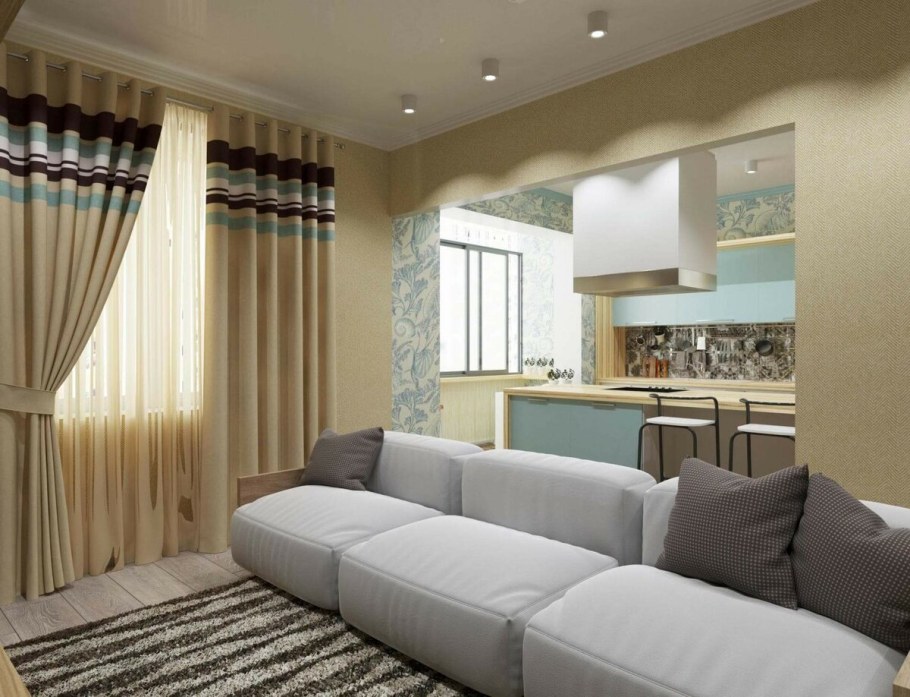 Шторы в гостиную совмещенную с кухней