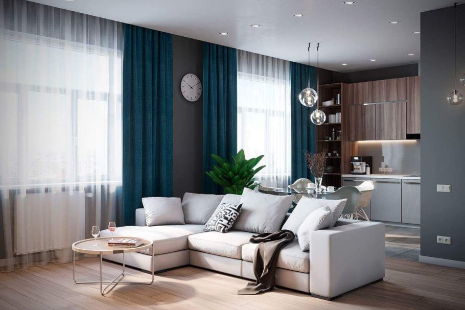 Серые шторы в интерьере гостиной