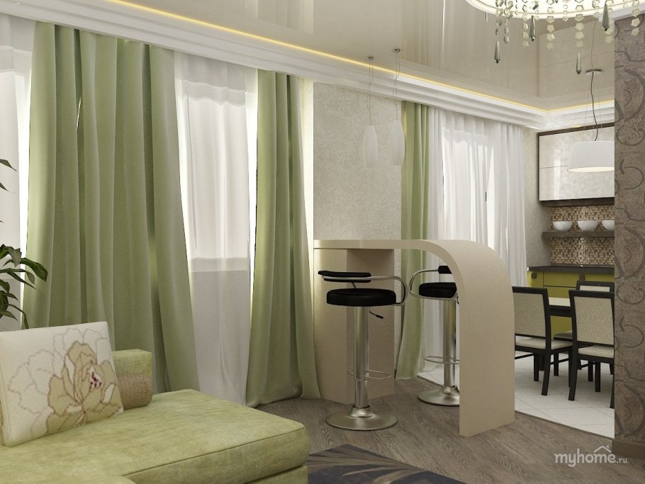 Шторы в гостиную объединенную с кухней