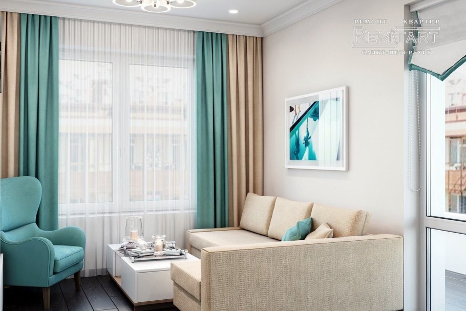 Бирюзовые шторы в интерьере