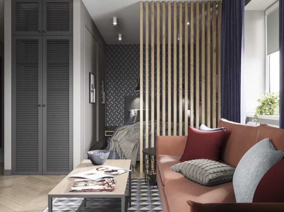 Перегородка из деревянных реек в интерьере