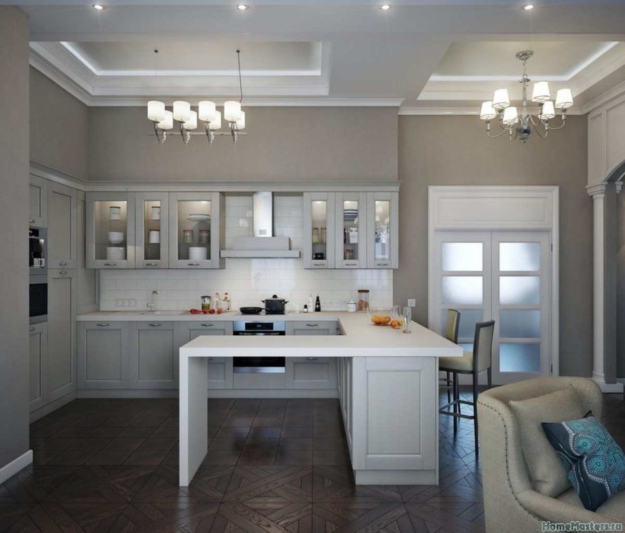 Кухни в неоклассическом стиле с барной стойкой