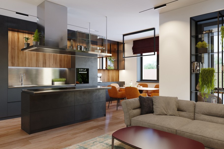 П-образная кухня совмещенная с гостиной