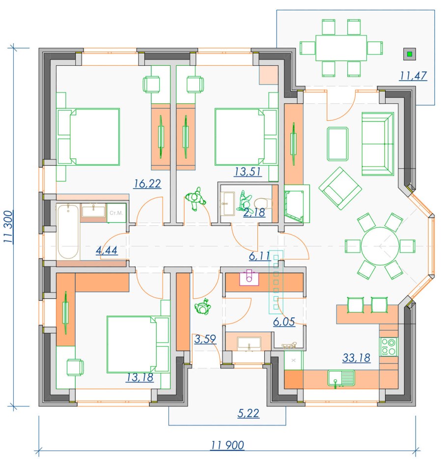 Дом 100 м2 одноэтажный планировка