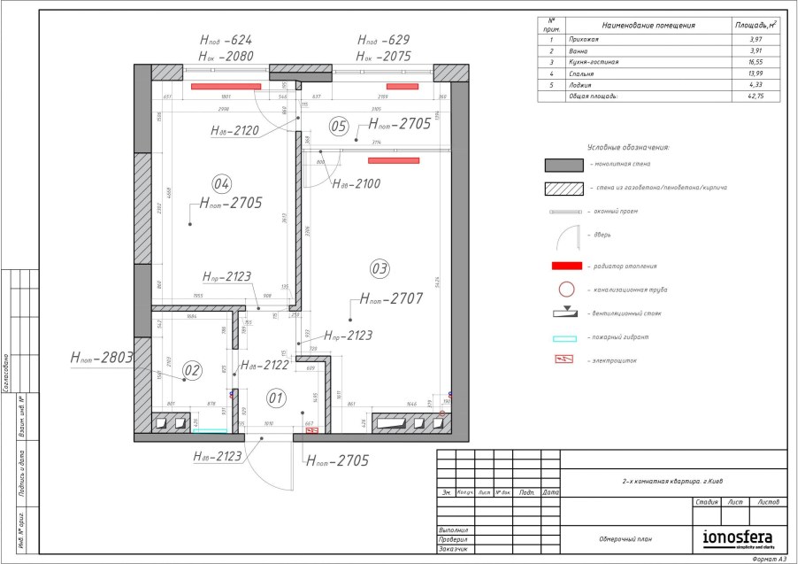 Обмерный план 1 комнатной квартиры