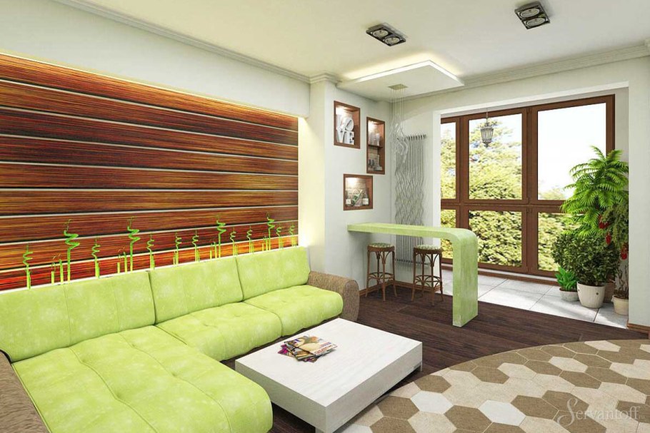 Экостиль в гостиной с фитостеной