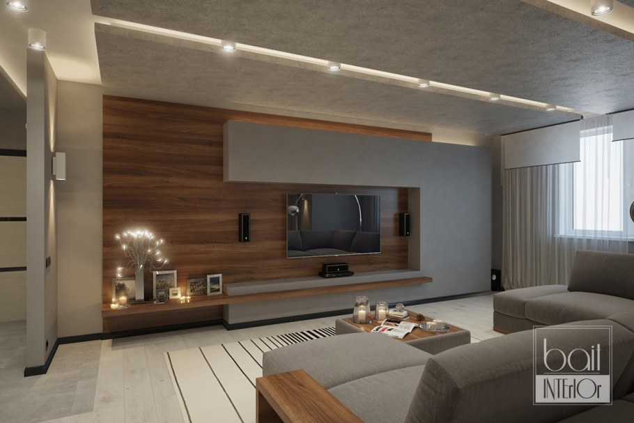 Гостиная с ламинатом на стене