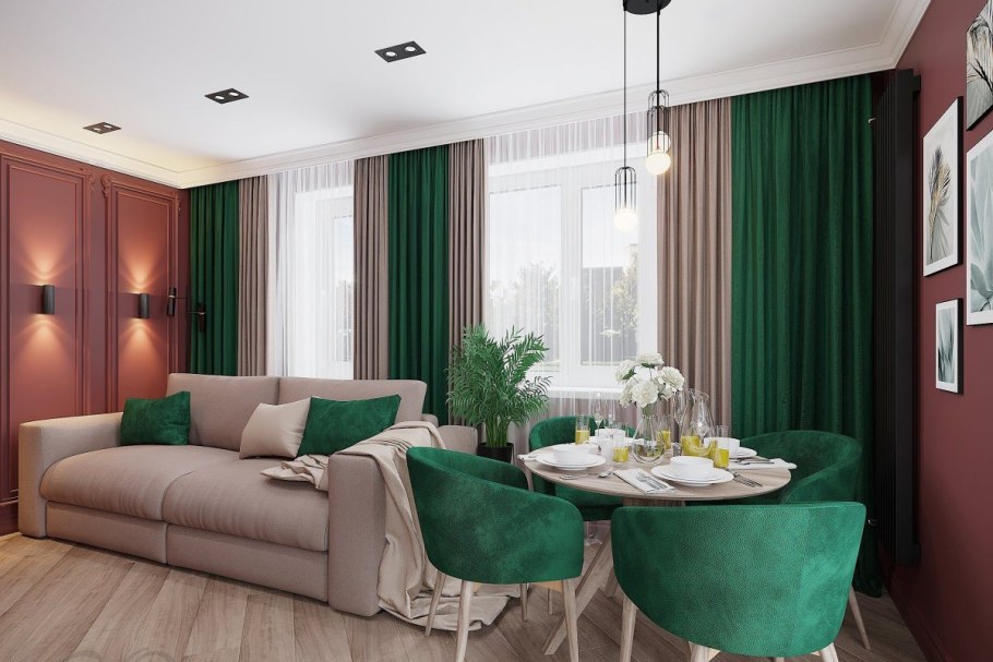 Шторы изумрудного цвета в интерьере